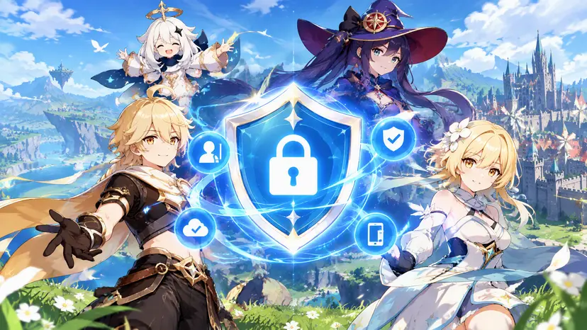 Genshin characters surrounding an account security shield