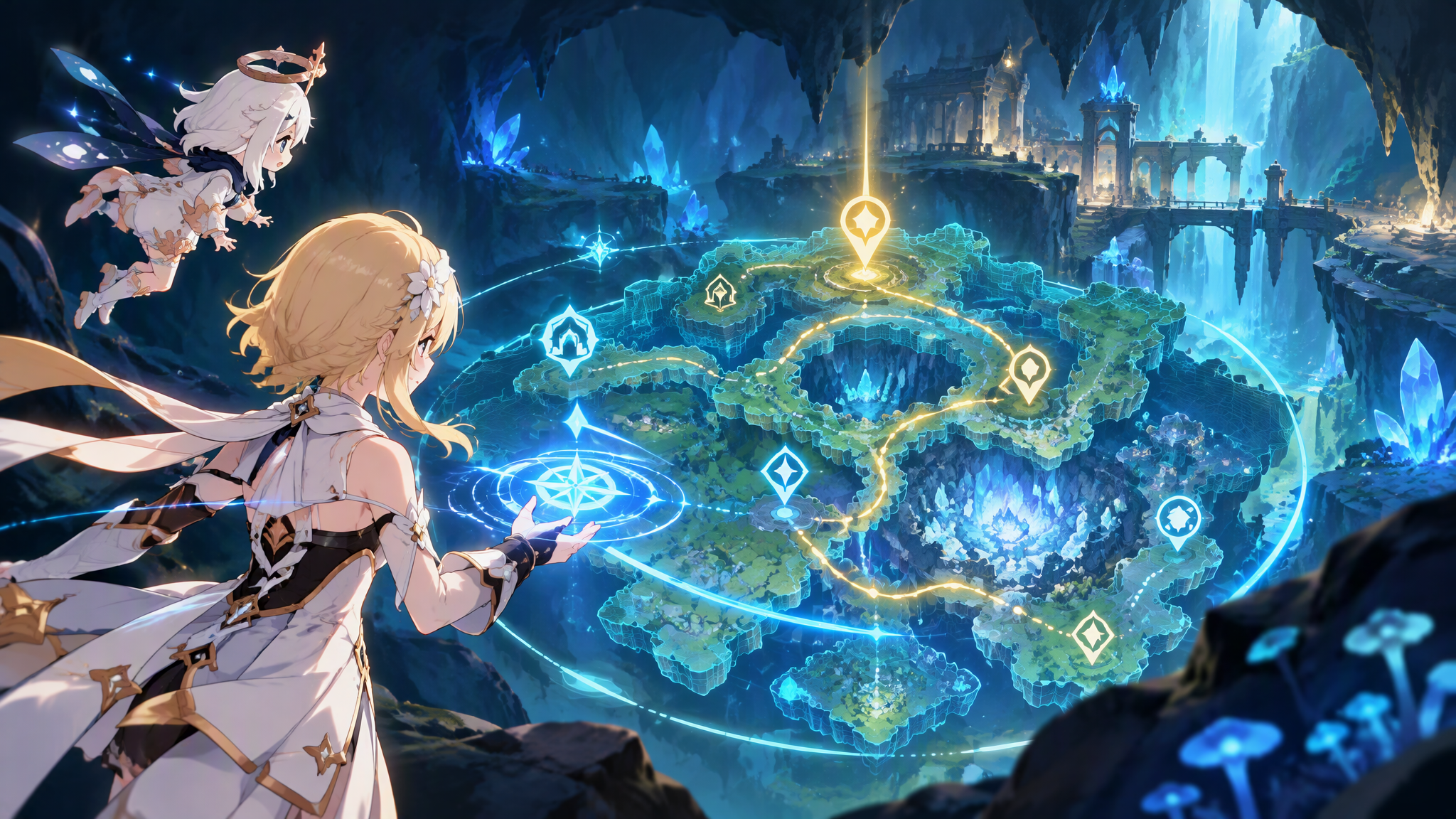 Traveler and Paimon exploring a multi-layer underground map